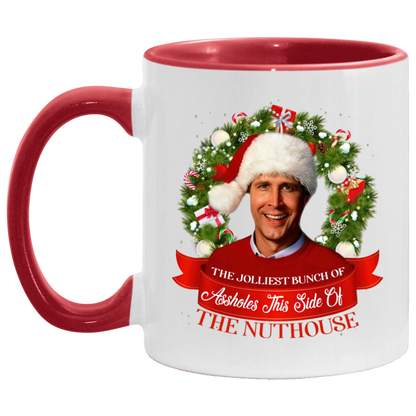 Porcelain Cup Jolliest Bunch Of Assholes This Side Of Nuthouse Accent Mug 2 Side, 11 oz White - Light Green Accent Mug Gift Family Unisex Awesome On Birthday, Christmas Gift Capacity and Perfect AM11OZ 11 oz. Accent Mug