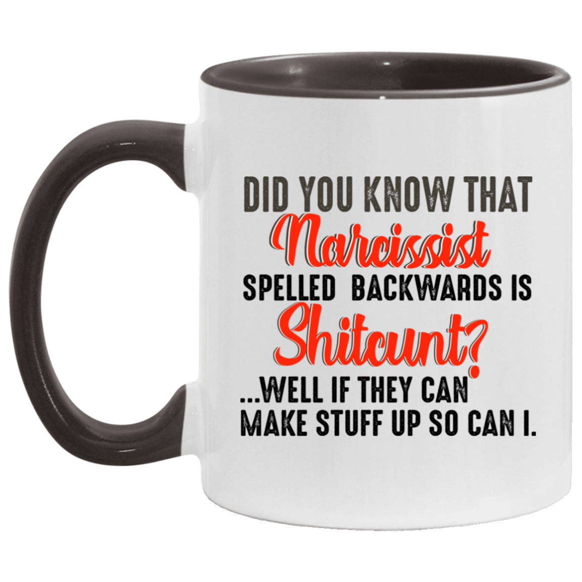 Funny Guy Mugs Did You Know That Narcissist Spelled Backwards Is Shitcunt Accent Mug size 2 Side, 11 oz White - Pink Accent Mug On Birthday Gift Valentine’s Day, Boyfriend, Girlfriend, Husband or Wife AM11OZ Accent Mug