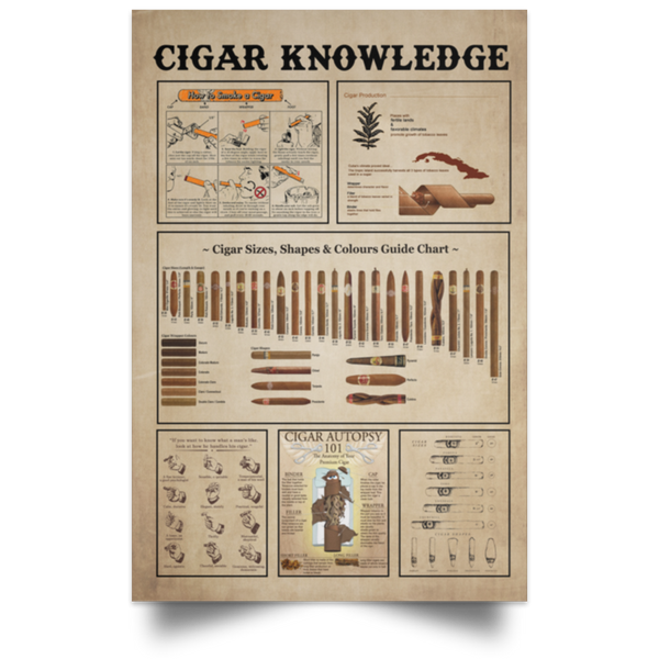 Cigar Knowledge Poster Guide Vintage Gift Family Unisex Awesome On Birthday, Decor Home Durable Print 24x36 POSPO Satin Portrait Poster