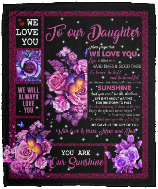 50x60 (1) Ananas Pru Parent to Daughter Blanket, to Daughter from dad and mom You are Sunshine Violet Rose Butterfly White Fleece Blanket, Daughter Blanket, Daughter Present, idea, Family Love Blanket ASIN: B08KTCWN7K