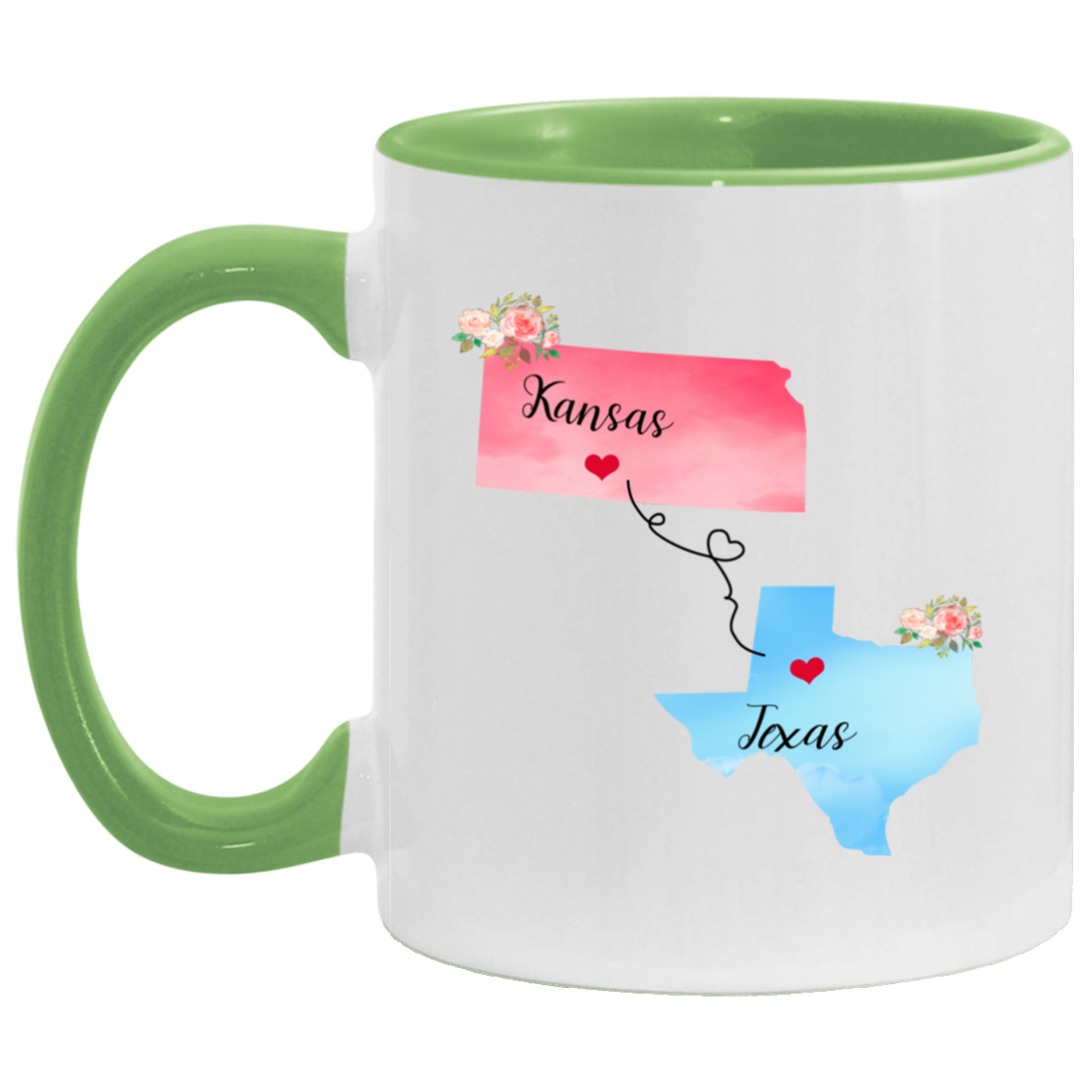 States Accent Mugs Kansas Texas Gifts - Long Distance State Two Tone Coffee Mug - State To State - Away From Home Family - Moving Away Mug Gifts on Christmas, Birthday AM11OZ 11 oz. Accent Mug