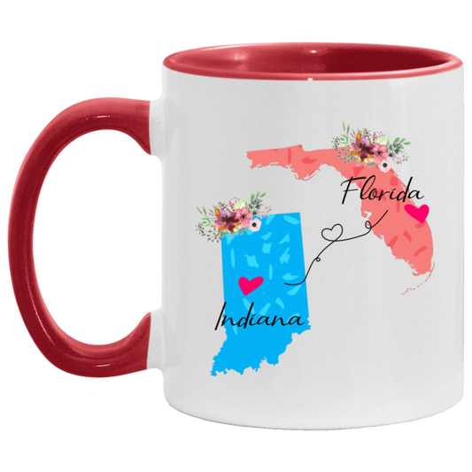 States Accent Mugs Florida Indiana Gifts - Long Distance State Two Tone Coffee Mug - State To State - Away From Home Family - Moving Away Mug Gifts on Christmas, Birthday AM11OZ Accent Mug