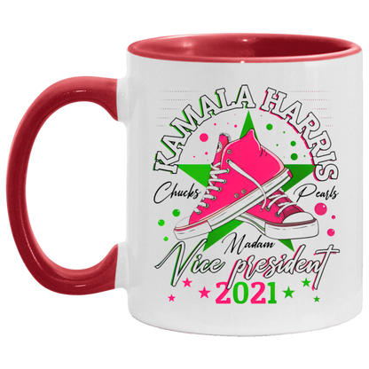 Porcelain Cup Kamala Harris Madame Vice President Chucks and Pearls Aka Sorority 1908 Accent Mug 2 Side, 11 oz White - Light Green Accent Mug Gift Family Unisex Awesome On Birthday, Christmas Gift Cap AM11OZ 11 oz. Accent Mug