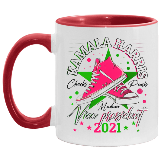 Porcelain Cup Kamala Harris Madame Vice President Chucks and Pearls Aka Sorority 1908 Accent Mug 2 Side, 11 oz White - Light Green Accent Mug Gift Family Unisex Awesome On Birthday, Christmas Gift Cap AM11OZ 11 oz. Accent Mug