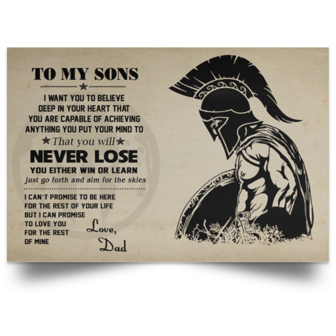 Meaningful Quote Spartan Poster - to My Sons Posters Family Friend Gift Unisex, Awesome Birthday Perfect Happy Birthday Gift Decor Bedroom, Living Room Print 36 x 24 POSLA Satin Landscape Poster
