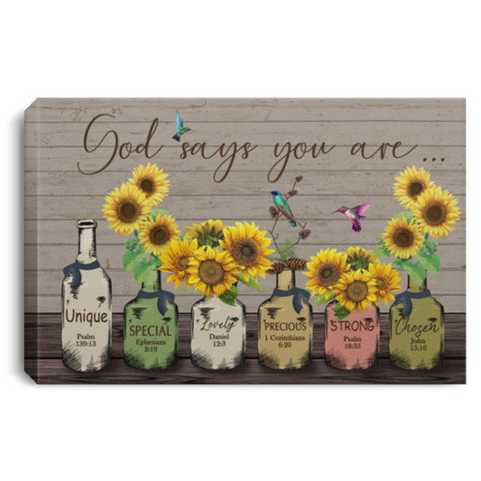 Poster Frame Canvas God Says You are Unique Special Lovely Precious Strong Chosen Hummingbird Sunflower Poster Frame Canvas Family Friend Awesome Gifts Birthday Decor Home Wall Art 16x24 CANLA75 Landscape Canvas .75in Frame