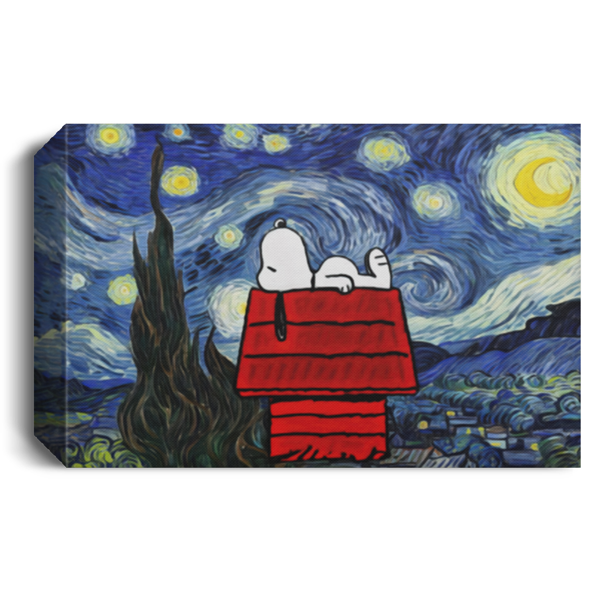 Painting Canvas Snoopy Starry Night Canvas with Frame Size 12x18 Gift for Women, Awesome Christmas, Birthday Gift Decor Livingroom Print CANLA15 Deluxe Landscape Canvas 1.5in Frame
