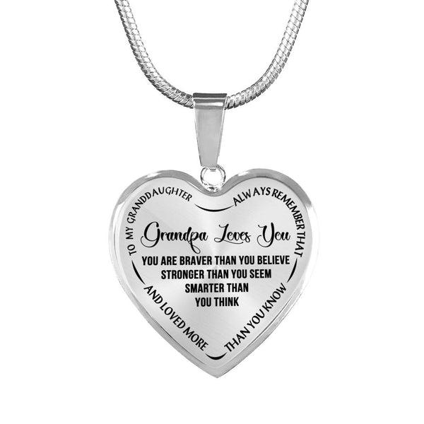Grandpa Granddaughter Heart Pendant Necklace For Girls - You Are Braver Than You Believe - Meaningful Birthday Gifts For Kids From Family On Anniversary, Xmas..