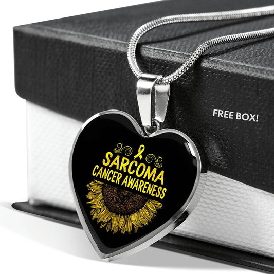 Sarcoma Cancer Awareness Heart Necklace no-Engrave I Wear Yellow Ribbon Sunflower Love Support Survivor Gift Birthday