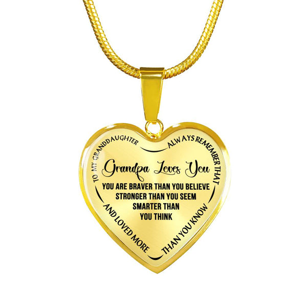 Grandpa Granddaughter Heart Pendant Necklace For Girls - You Are Braver Than You Believe - Meaningful Birthday Gifts For Kids From Family On Anniversary, Xmas..