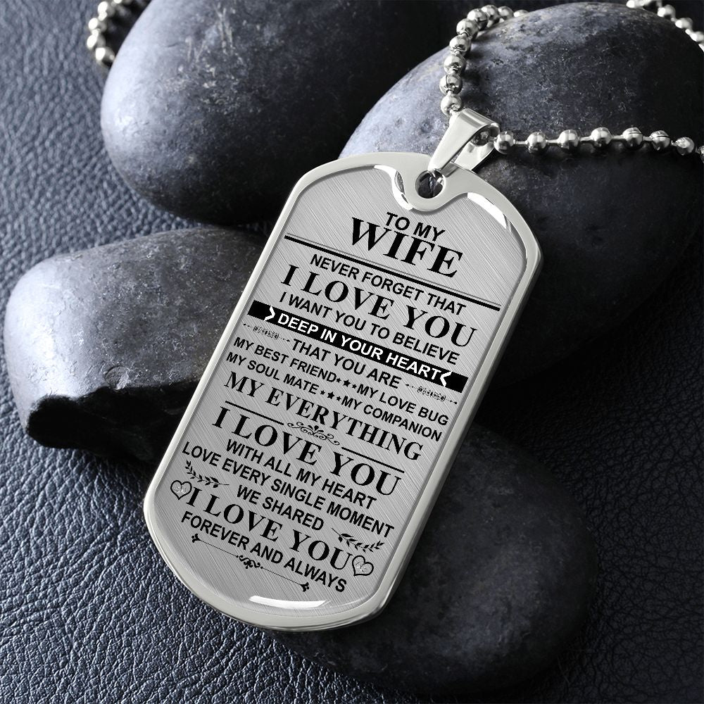 Meaningful Quote to My Wife Never Forget That I Love You Dog Tag Necklace Birthday Anniversary Graduation Gift Wife Necklace 30 inch Chain  Luxury Necklace (Silver) Stainless Steel ASIN: B0834N85GF SKU: heart_12-12_0010