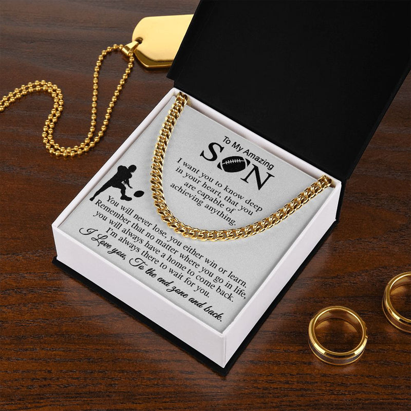 ASIN: B0BK4L69WP SKU: NecklaceforSON-Mom_4Standard+Silver 	 Football Gift For Son, Cuban Link Chain Gift