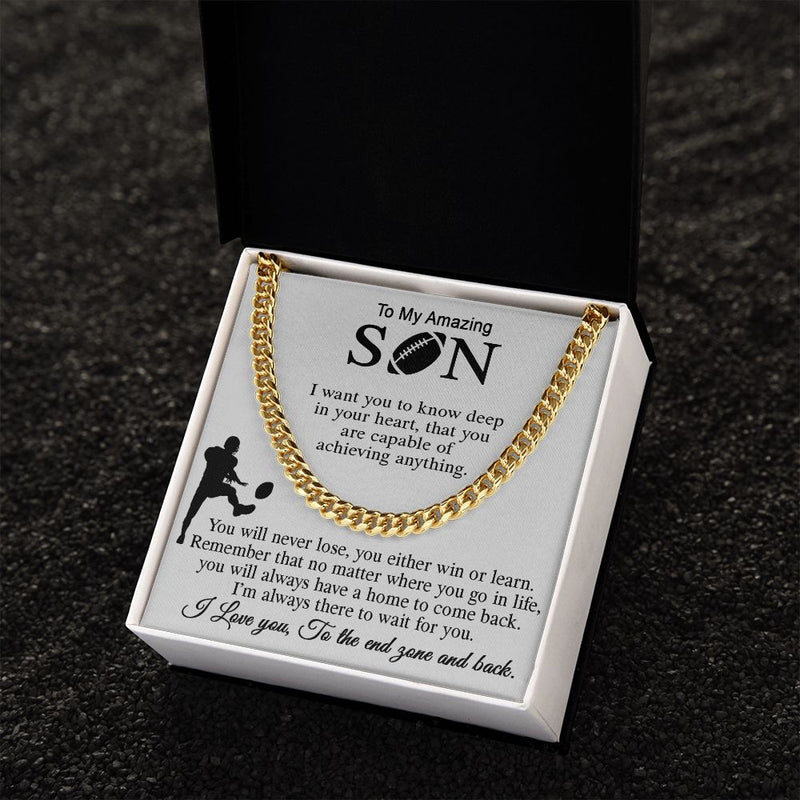 ASIN: B0BK4L69WP SKU: NecklaceforSON-Mom_4Standard+Silver 	 Football Gift For Son, Cuban Link Chain Gift