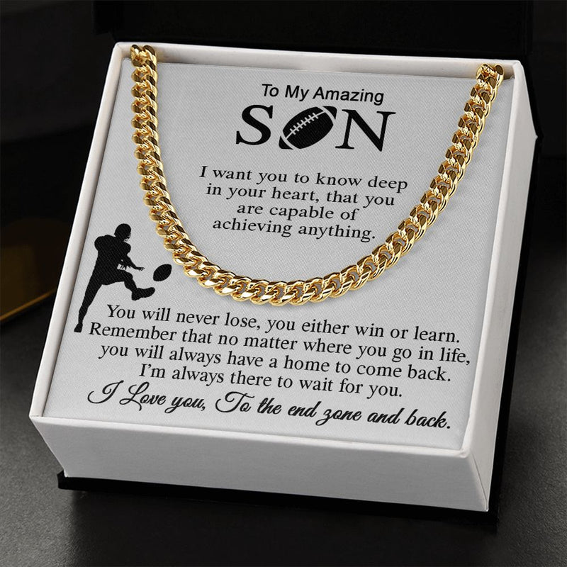 ASIN: B0BK4L69WP SKU: NecklaceforSON-Mom_4Standard+Silver 	 Football Gift For Son, Cuban Link Chain Gift