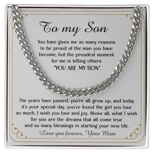 Cuban Link Chain Necklace for Son, Wedding Gift for Son from Mom, Son Sentimental Wedding Present, Son Get Married Gift Luxu