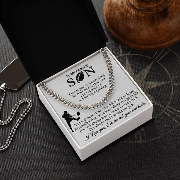 ASIN: B0BK4L69WP SKU: NecklaceforSON-Mom_4Standard+Silver 	 Football Gift For Son, Cuban Link Chain Gift