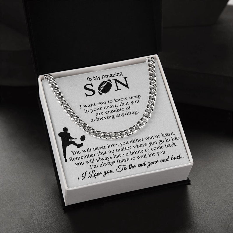 ASIN: B0BK4L69WP SKU: NecklaceforSON-Mom_4Standard+Silver 	 Football Gift For Son, Cuban Link Chain Gift