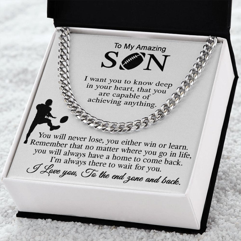 ASIN: B0BK4L69WP SKU: NecklaceforSON-Mom_4Standard+Silver 	 Football Gift For Son, Cuban Link Chain Gift