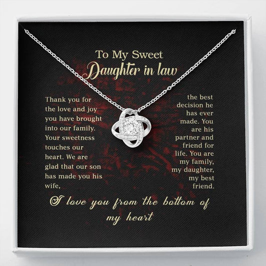 Gifts Personalized Daughter In Law Necklace for Her Birthday Valentines Gift Love Knot Hearts Necklace for Women with Message Card include Mahogany style Luxury box Wedding Day, Gift For Daughter Gift ASIN: B08XW3FZHF