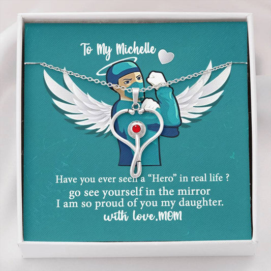 Gifts to My Daughter Necklace Custom Name Nurse Personalized to My Daughter Nurse Stethoscope Necklace to My Angel Nurse from Mom - Daughter Hero in Real Life with Red Swarovski® Crystal