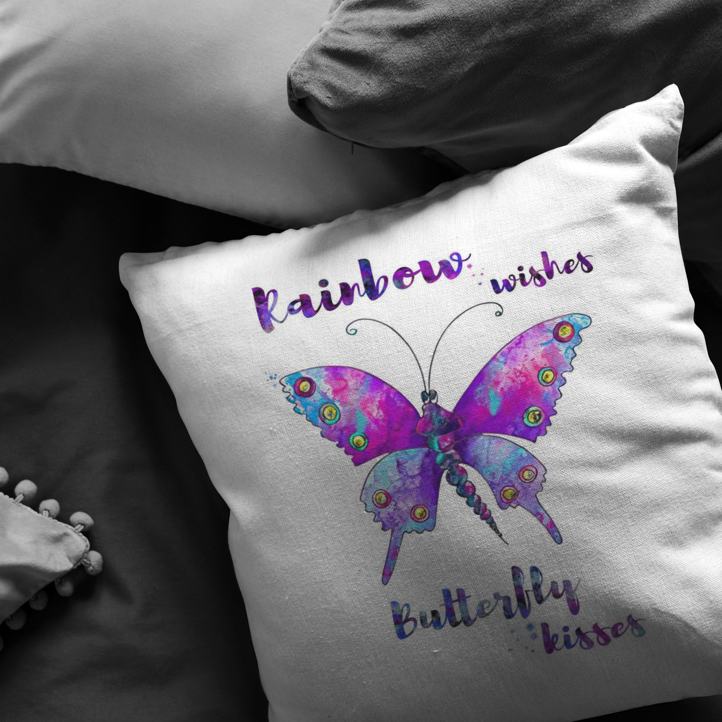 Meaningful Gifts Throw Pillow Rainbow Wishes, Butterfly Kisses Gift Family Unisex Awesome On Birthday, Decor Home Durable 16"x16" - Zip Cover with Insert ASIN: B08FXBJVZ3