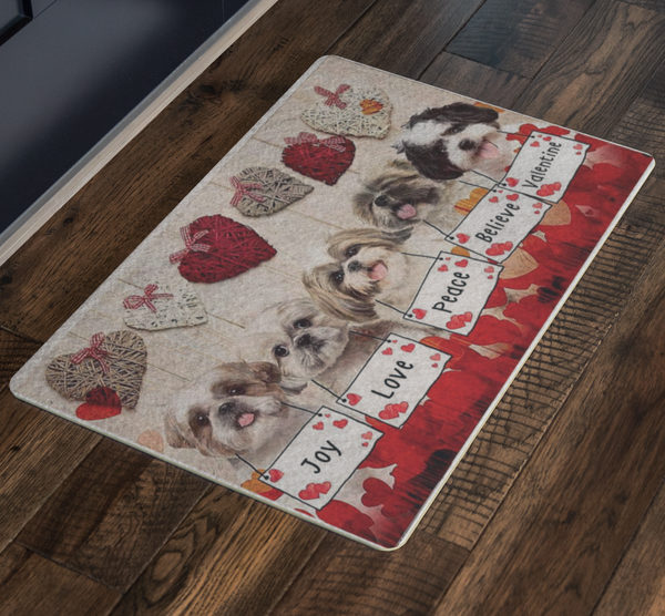 Doormat Home Decor Shih Tzu Joy Love Peace Gift for You Personalized Gift Funny Doormat Valentine Gift for Her Him Gifts for Mom, Girlfriend, Dad, Wife Home On Christmas, Holiday, Birthday.