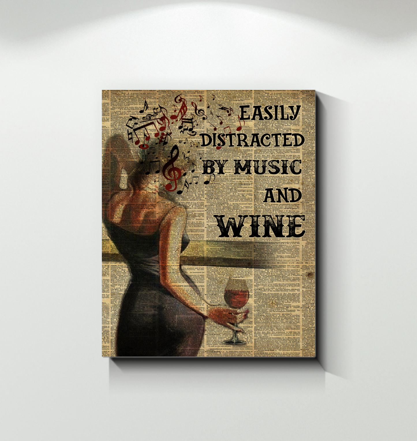Girl Easily Distracted by Music and Wine Art Wall Poster (Canvas Framed, 16x20) (1) fixx