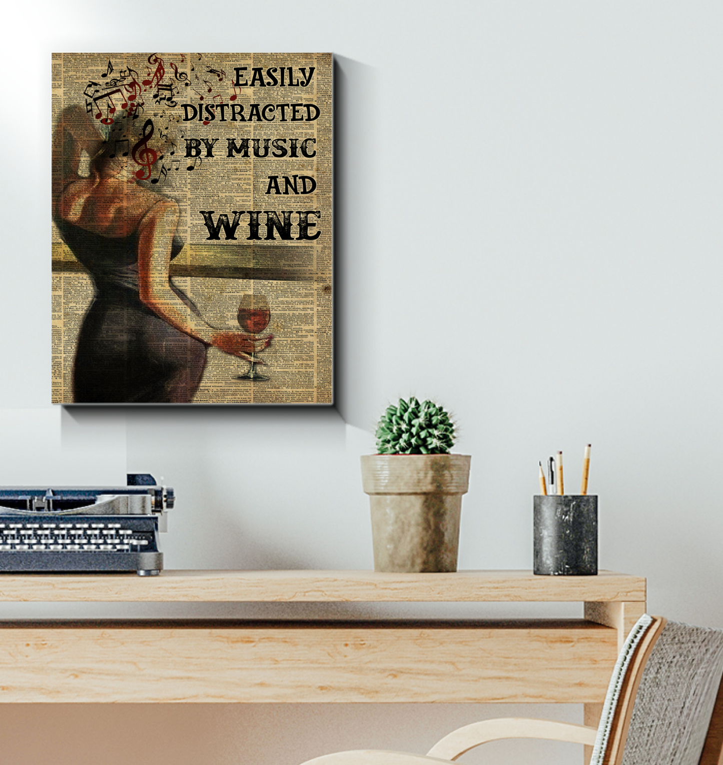 Girl Easily Distracted by Music and Wine Art Wall Poster (Canvas Framed, 16x20)