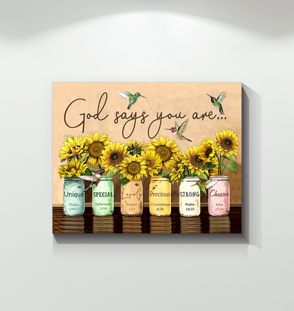 God Says You are Hummingbird Sunflower Wall Sunflower - Art Wall Canvas Framed Poster (10x8)