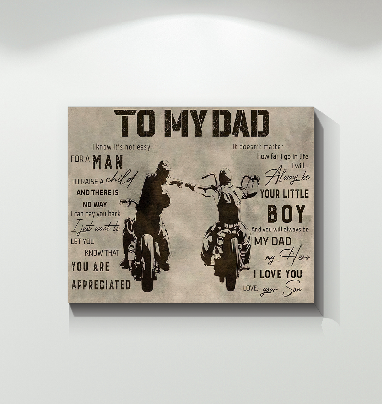 to My Dad Gift from Son Large Motorcycle Father's Day Retro Poster (Canvas Framed, 14x11)