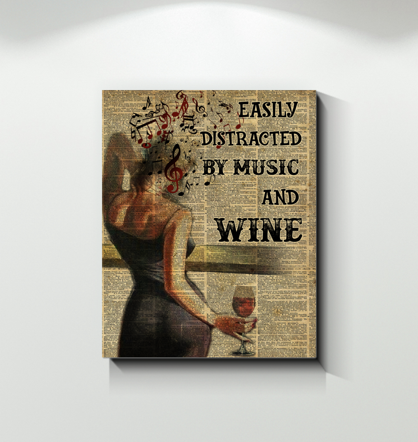Girl Easily Distracted by Music and Wine Art Wall Poster (Canvas Framed, 11x14)