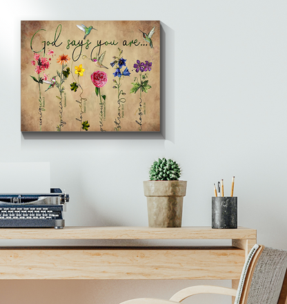 Hummingbird and Flowers God Says You are Vintage - Fabric Print Canvas Framed Poster (20x16)