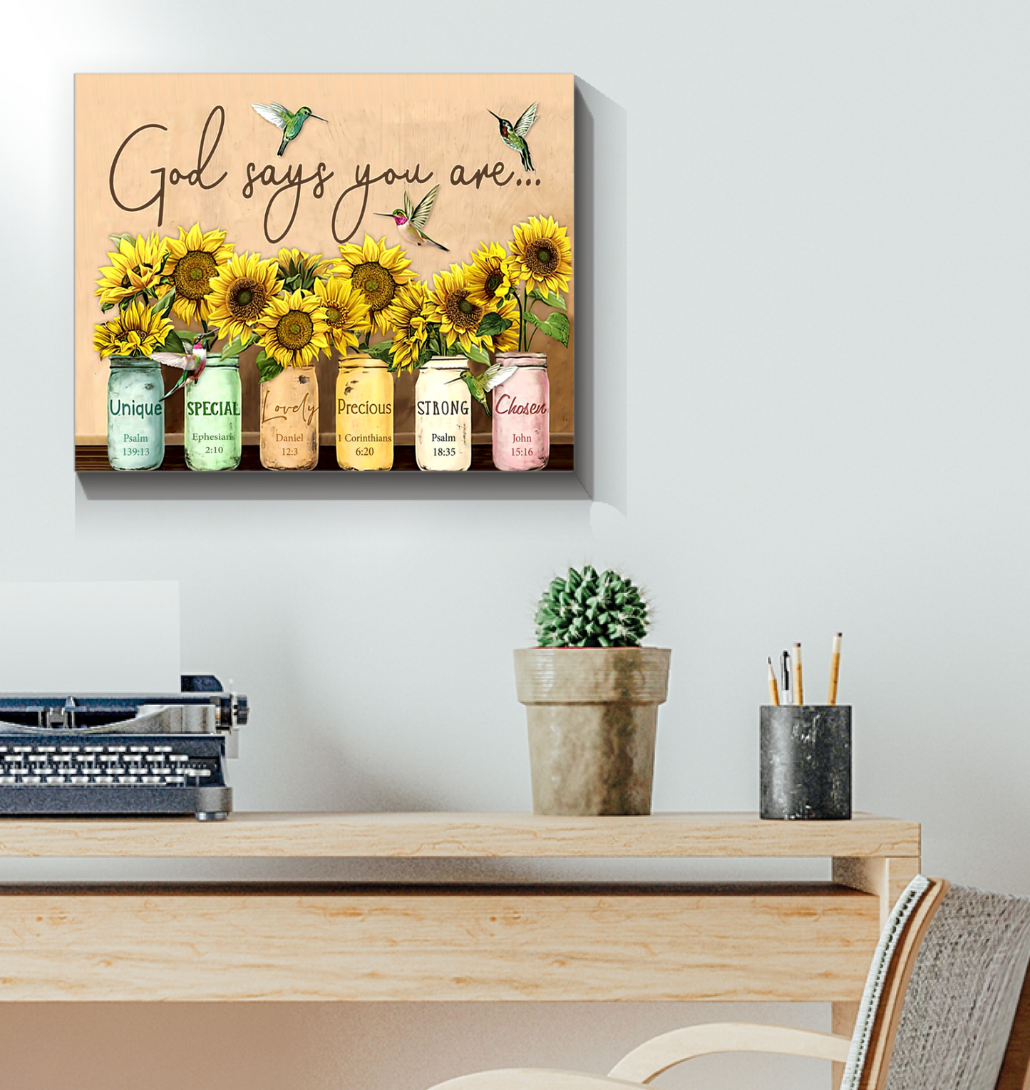 God Says You Are Hummingbird Sunflower Wall Sunflower - Art Wall Canvas Framed Poster (20x16)