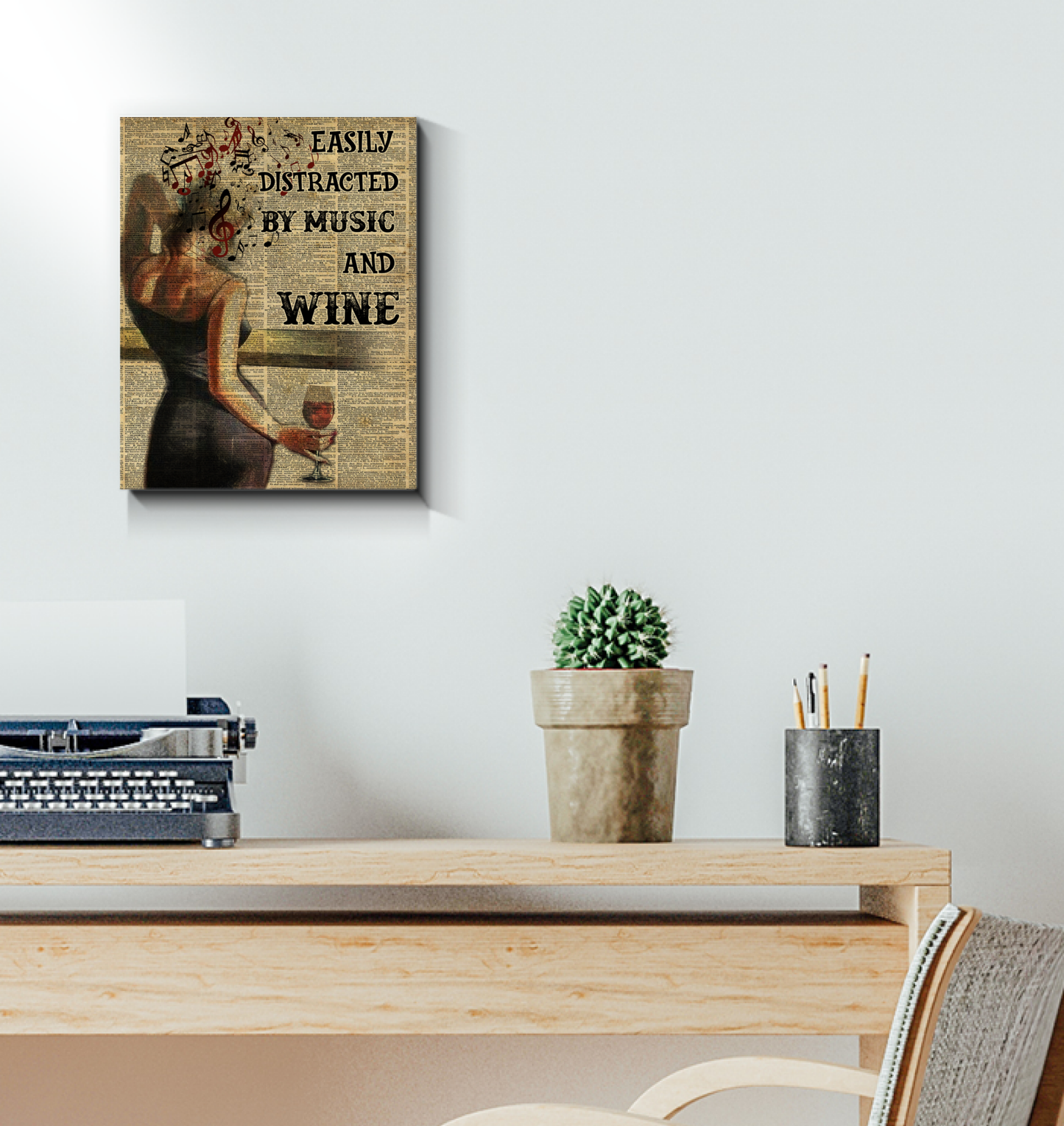Girl Easily Distracted by Music and Wine Art Wall Poster (Canvas Framed, 11x14)