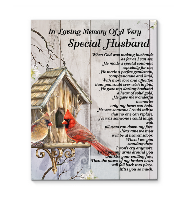 Cardinal Couple in Loving Memory of A Husband Wall Art Decor Poster (Canvas Framed, 11x14)