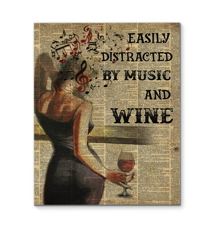Girl Easily Distracted by Music and Wine Art Wall Poster (Canvas Framed, 16x20) (1) fixx