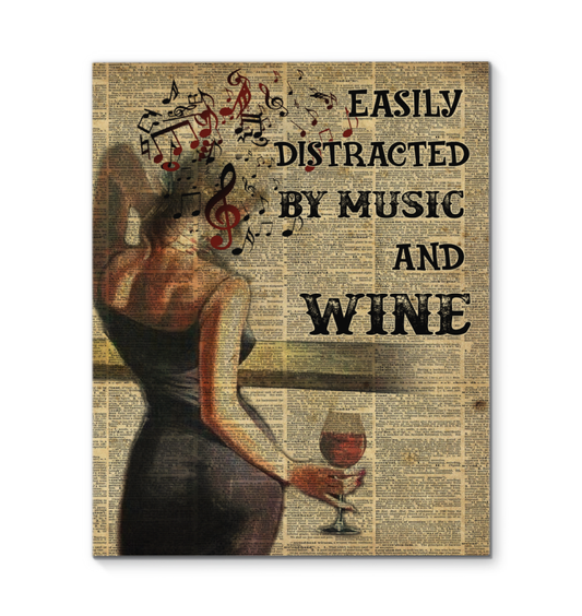 Girl Easily Distracted by Music and Wine Art Wall Poster (Canvas Framed, 16x20) (1) fixx