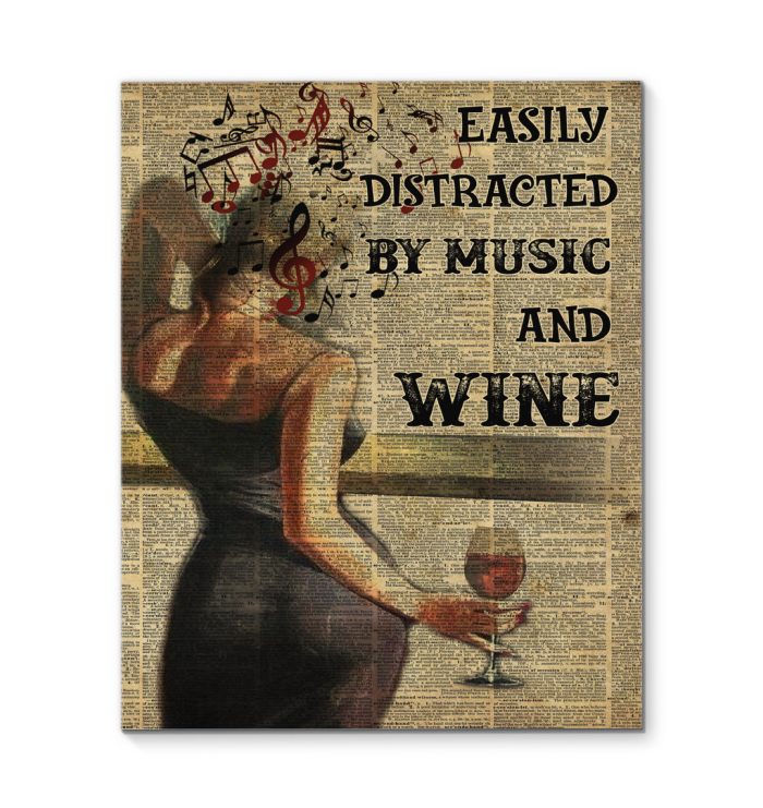 Girl Easily Distracted by Music and Wine Art Wall Poster (Canvas Framed, 16x20)