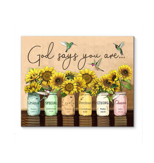 God Says You are Hummingbird Sunflower Wall Sunflower - Art Wall Canvas Framed Poster (10x8)