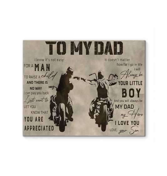 to My Dad Gift from Son Large Motorcycle Father's Day Retro Poster (Canvas Framed, 14x11)