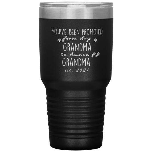 Perfect Personalized Pregnancy Announcement Tumbler For Grandparents Promoted From Dog Grandma To Human Grandma Laser Etched 30oz Stainless Steel Gifts Mug Durable color 7 ASIN: B08FDJ3ZM5