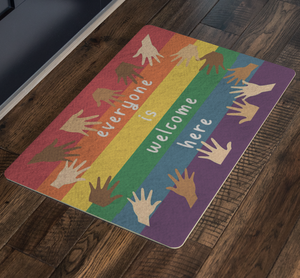 Doormat modern Everyone Is Welcome Here Doormat, LGBT Doormat, Diversity Hands, Inclusion & Kindness Welcome Doormat, Kindness Doormat, Front Door Mat Gift size 26x18 Gifts for Mom, Girlfriend, Dad, W ASIN: B095LTNLR6